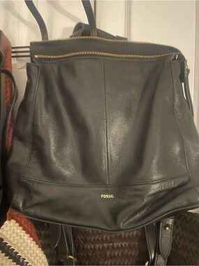 Fossil Black Leather Backpack with Gold Zipper Accents